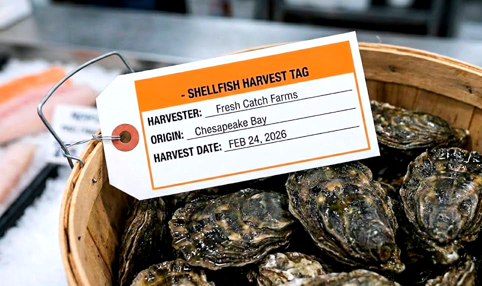 A photograph of a shellfish harvest tag tied to a bushel basket filled with oysters illustrating how consumers can verify the source and safety of their seafood.