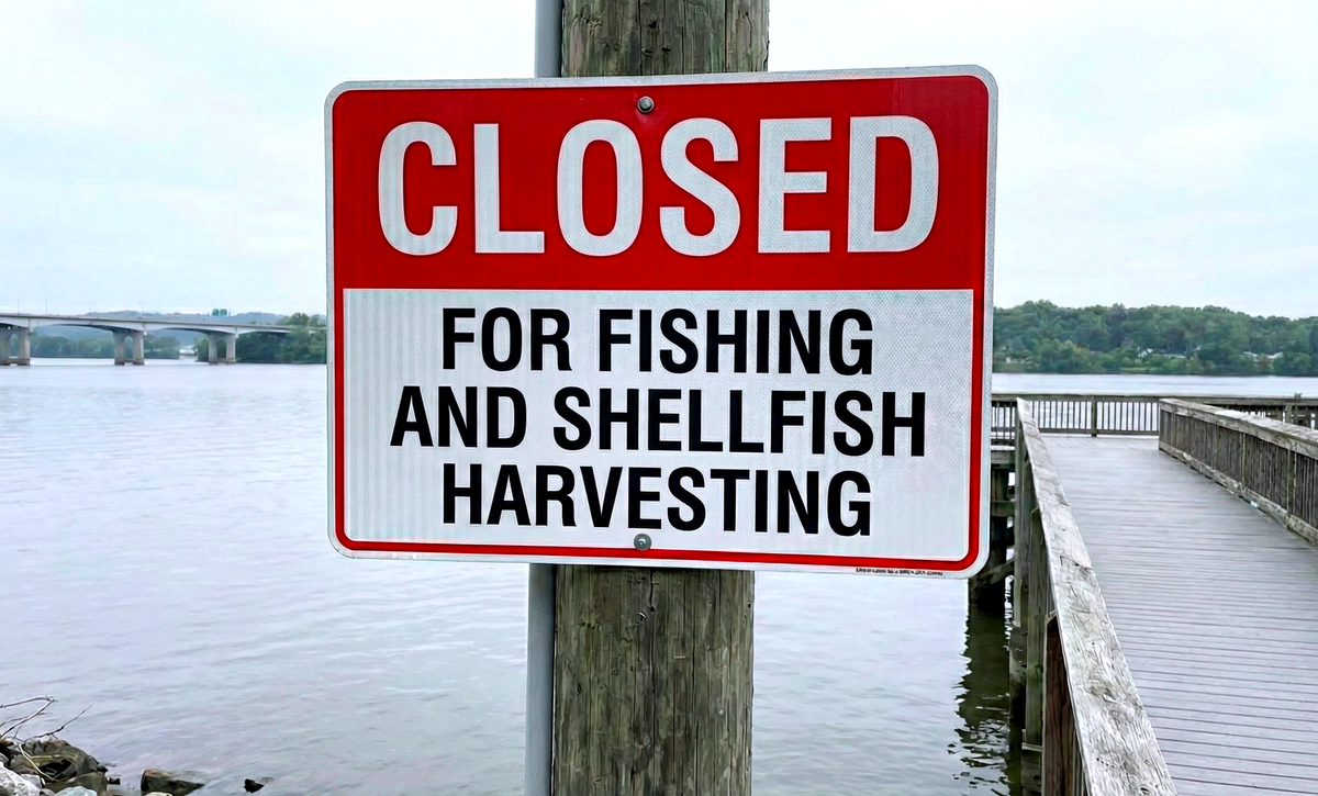 A photograph of a red and white advisory sign mounted on a wooden post next to a waterway and dock. The sign reads in bold capital letters: "CLOSED FOR FISHING AND SHELLFISH HARVESTING."